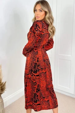 Red And Black Printed Long Sleeve Midi Dress