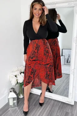 Red And Black Printed Long Sleeve 2 In 1 Midi Dress