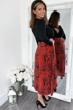 Red And Black Printed Long Sleeve 2 In 1 Midi Dress