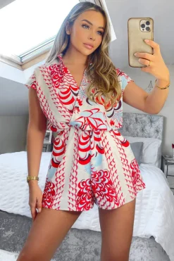Red And Cream Printed Collared Playsuit