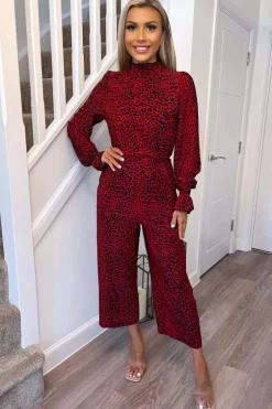 Red Animal Print Elasticated Neck Jumpsuit