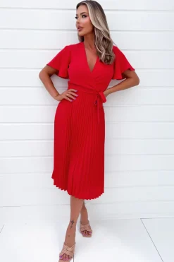 Red Belted Pleated Skirt Midi Dress