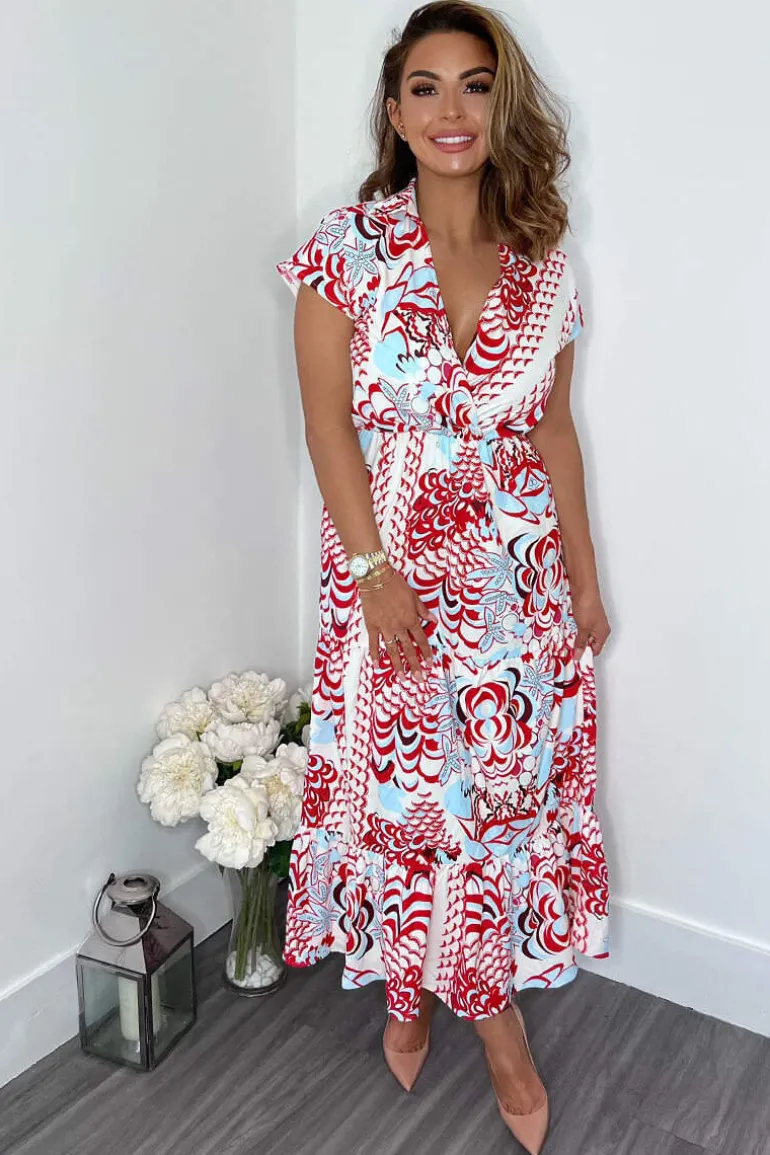 Red Cream And Blue Printed Maxi Smock Dress