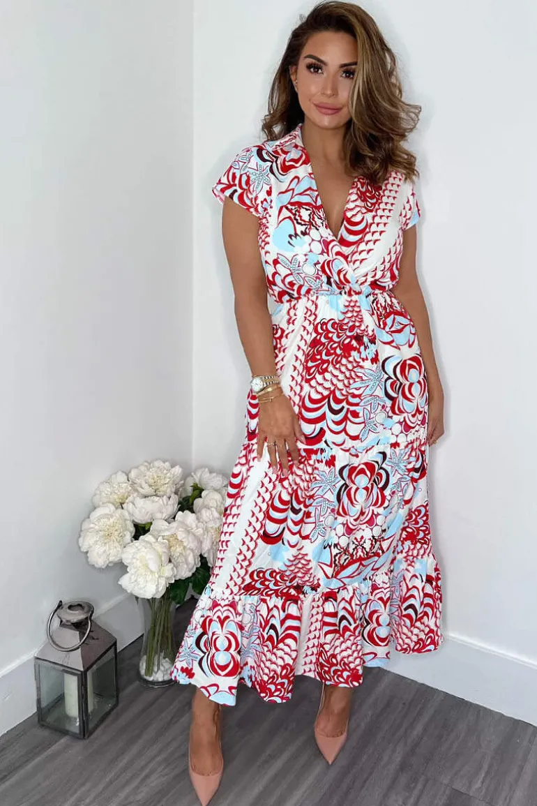 Red Cream And Blue Printed Maxi Smock Dress