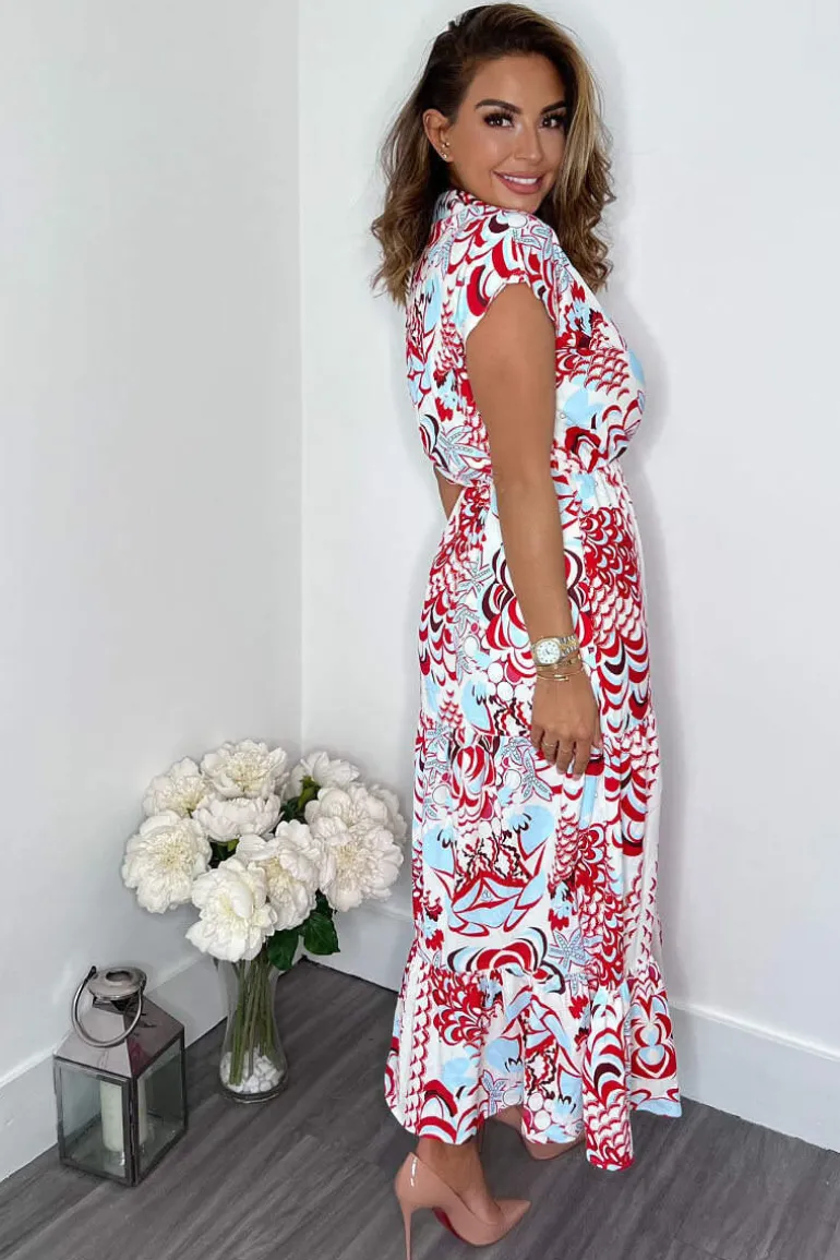Red Cream And Blue Printed Maxi Smock Dress