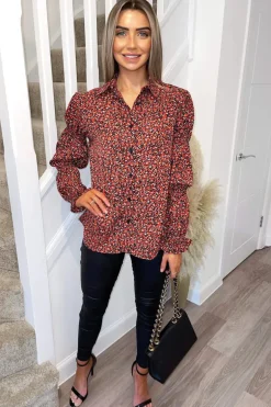 Red Ditsy Floral Grouped Sleeve Shirt