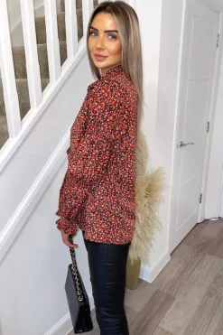 Red Ditsy Floral Grouped Sleeve Shirt