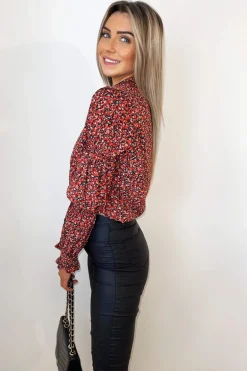 Red Ditsy Floral Grouped Sleeve Shirt