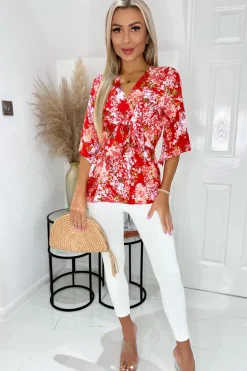 Red Floral Front Tie Wrap Top