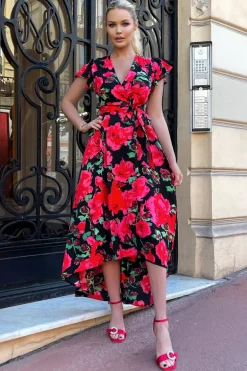 Red Floral Print Short Sleeve Belted Wrap Midi Dress