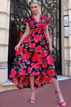 Red Floral Print Short Sleeve Belted Wrap Midi Dress