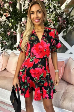 Red Floral Print Wrap Top Skater Dress