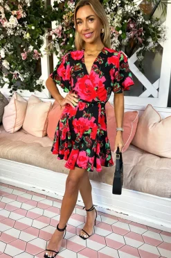 Red Floral Print Wrap Top Skater Dress