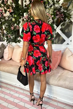 Red Floral Print Wrap Top Skater Dress