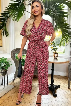Red Floral Printed Butterfly Sleeve Belted Jumpsuit
