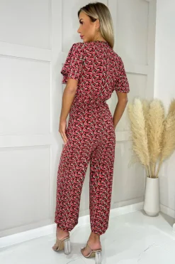 Red Floral Printed Butterfly Sleeve Belted Jumpsuit