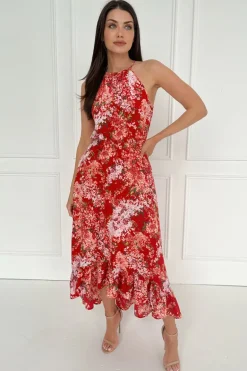 Red Floral Printed Frill Hem High Neck Midi Dress