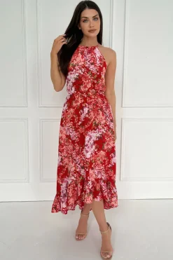 Red Floral Printed Frill Hem High Neck Midi Dress