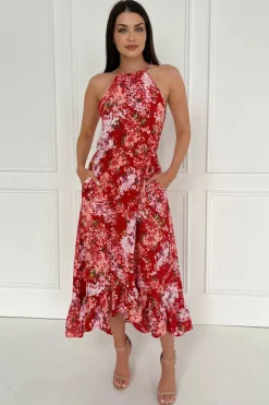 Red Floral Printed Frill Hem High Neck Midi Dress