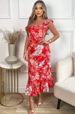 Red Floral Printed Frill Strap Midi Dress