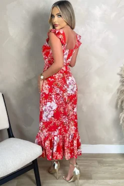 Red Floral Printed Frill Strap Midi Dress