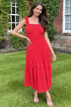 Red Frill Strap Tiered Midi Dress