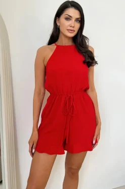 Red Halter Neck Tie Waist Playsuit