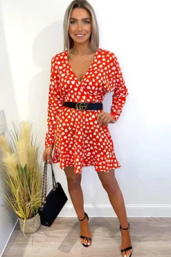 Red Heart Print Long Sleeve Wrap Skater Dress