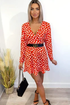 Red Heart Print Long Sleeve Wrap Skater Dress