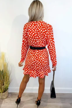 Red Heart Print Long Sleeve Wrap Skater Dress