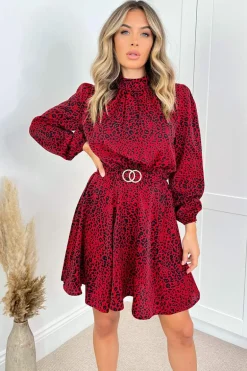 Red Leopard Print Gold Belted Skater Dress