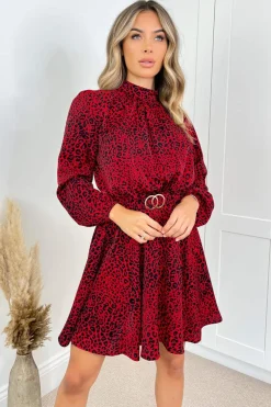 Red Leopard Print Gold Belted Skater Dress