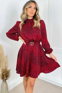 Red Leopard Print Gold Belted Skater Dress