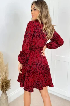 Red Leopard Print Gold Belted Skater Dress