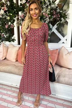 Red Multi Floral Printed Puff Sleeve Midi Dress