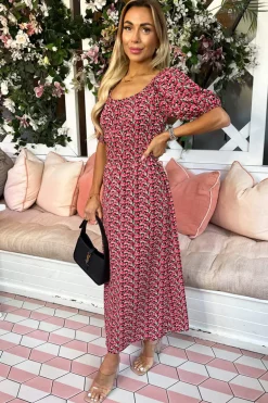 Red Multi Floral Printed Puff Sleeve Midi Dress