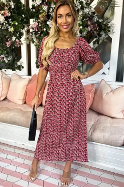 Red Multi Floral Printed Puff Sleeve Midi Dress