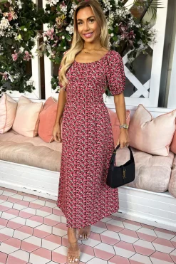 Red Multi Floral Printed Puff Sleeve Midi Dress