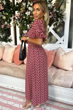 Red Multi Floral Printed Puff Sleeve Midi Dress