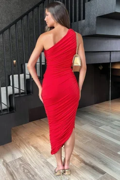 Red One Shoulder Asymmetric Hem Ruched Midi Dress