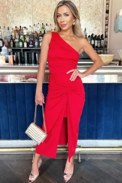 Red One Shoulder Knot Skirt Midi Dress