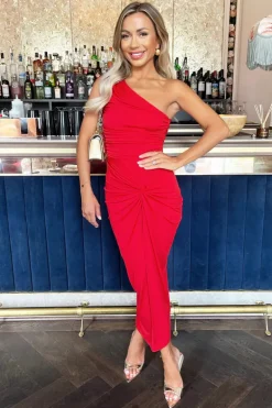Red One Shoulder Knot Skirt Midi Dress