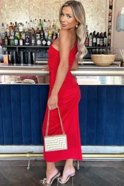 Red One Shoulder Knot Skirt Midi Dress