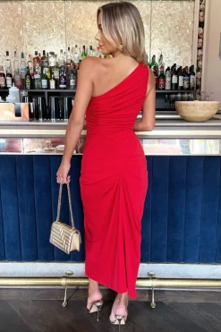 Red One Shoulder Knot Skirt Midi Dress
