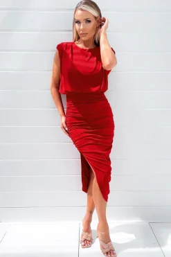 Red Pleated Shoulder Sleeveless Bodycon Dress