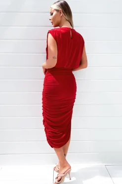 Red Pleated Shoulder Sleeveless Bodycon Dress
