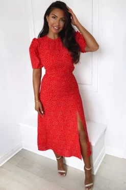 Red Polka Dot Frill Sleeve Midi Dress