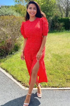 Red Polka Dot Frill Sleeve Midi Dress