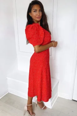 Red Polka Dot Frill Sleeve Midi Dress