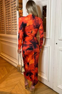 Red Printed Long Sleeve Wrap Midi Dress